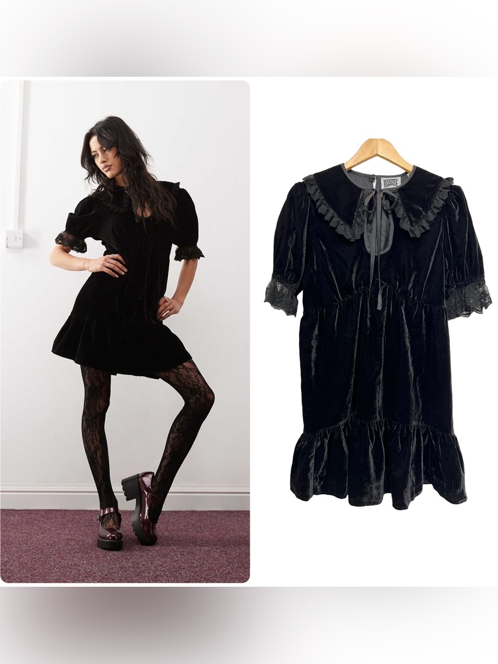 Reclaimed Vintage Black Velvet Mini Tea Dress Lace Trim Puff Sleeve Size 4